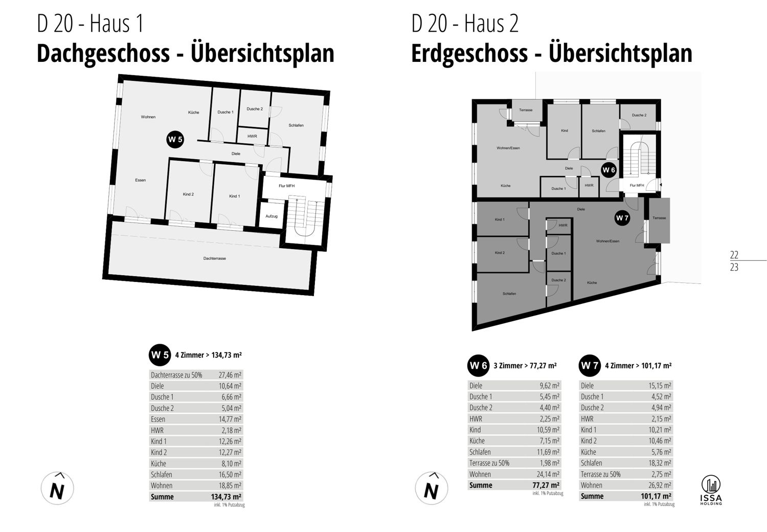 Grundriss Haus 1 Dachgeschoss (W5) und Haus 2 Erdgeschoss (W6, W7)