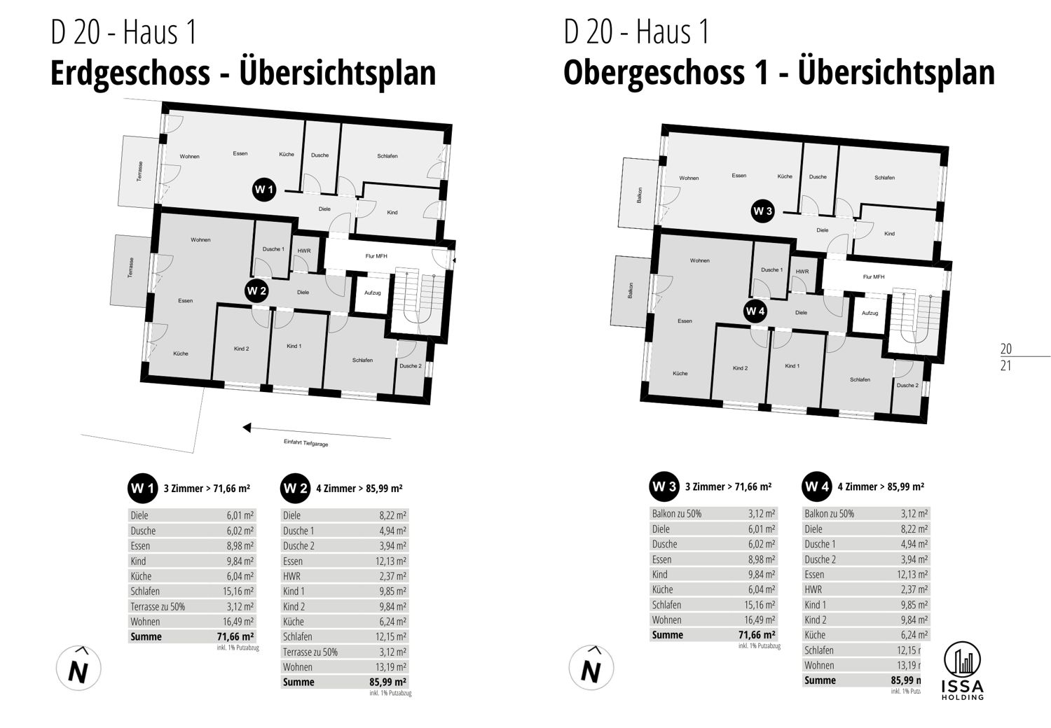 Grundriss Haus 1: Erdgeschoss und Obergeschoss 1, Wohnungen W1 bis W4