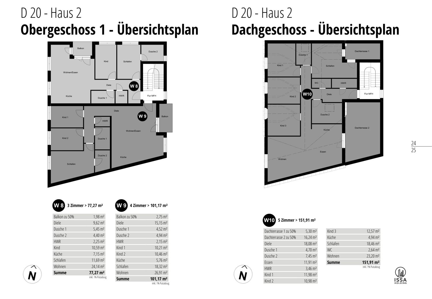 Grundriss Haus 2: Obergeschoss 1 und Dachgeschoss, Wohnungen W8 bis W10