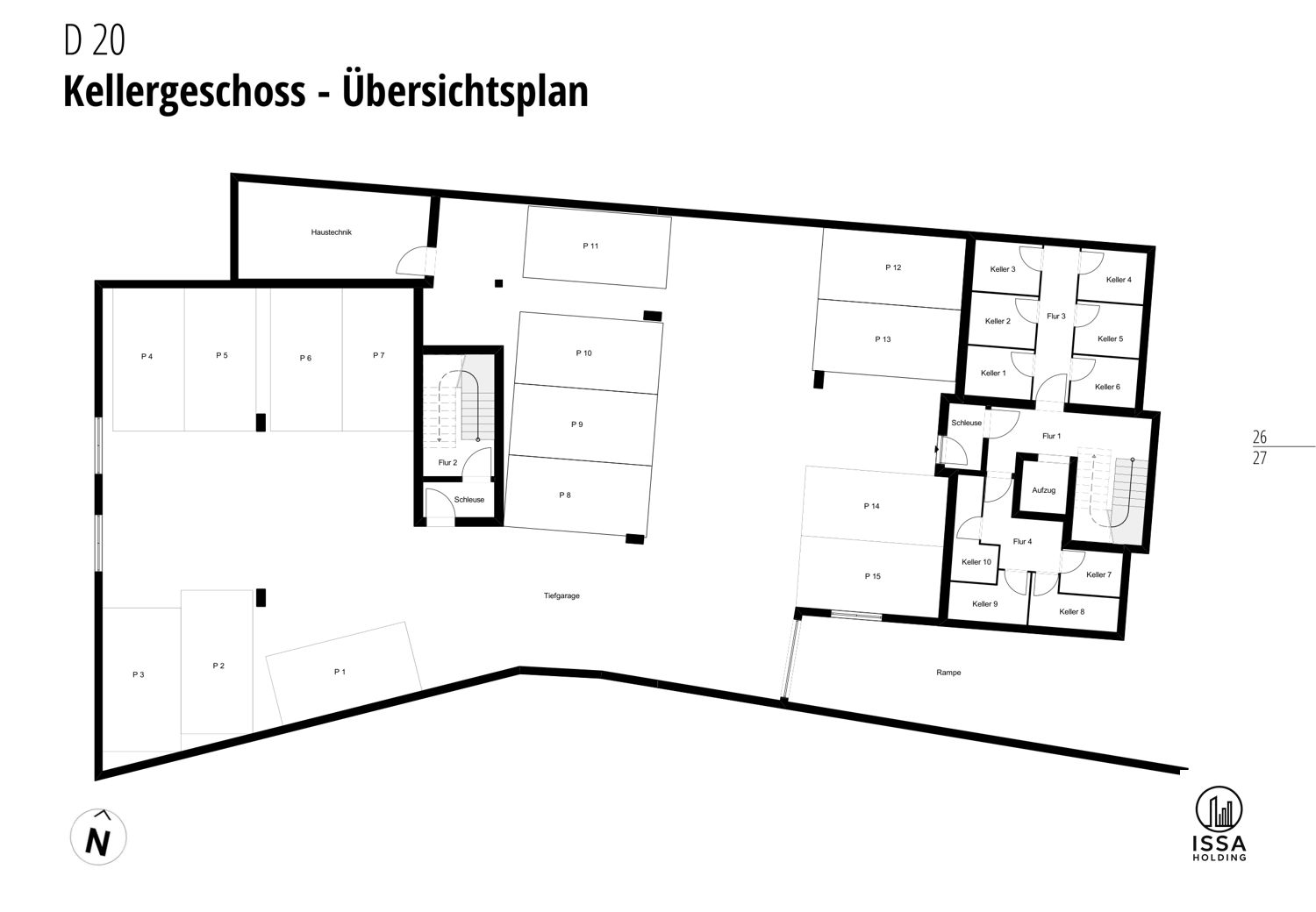 Tiefgaragen- und Kellergeschoss-Plan mit 15 Stellplätzen und Kellerräumen