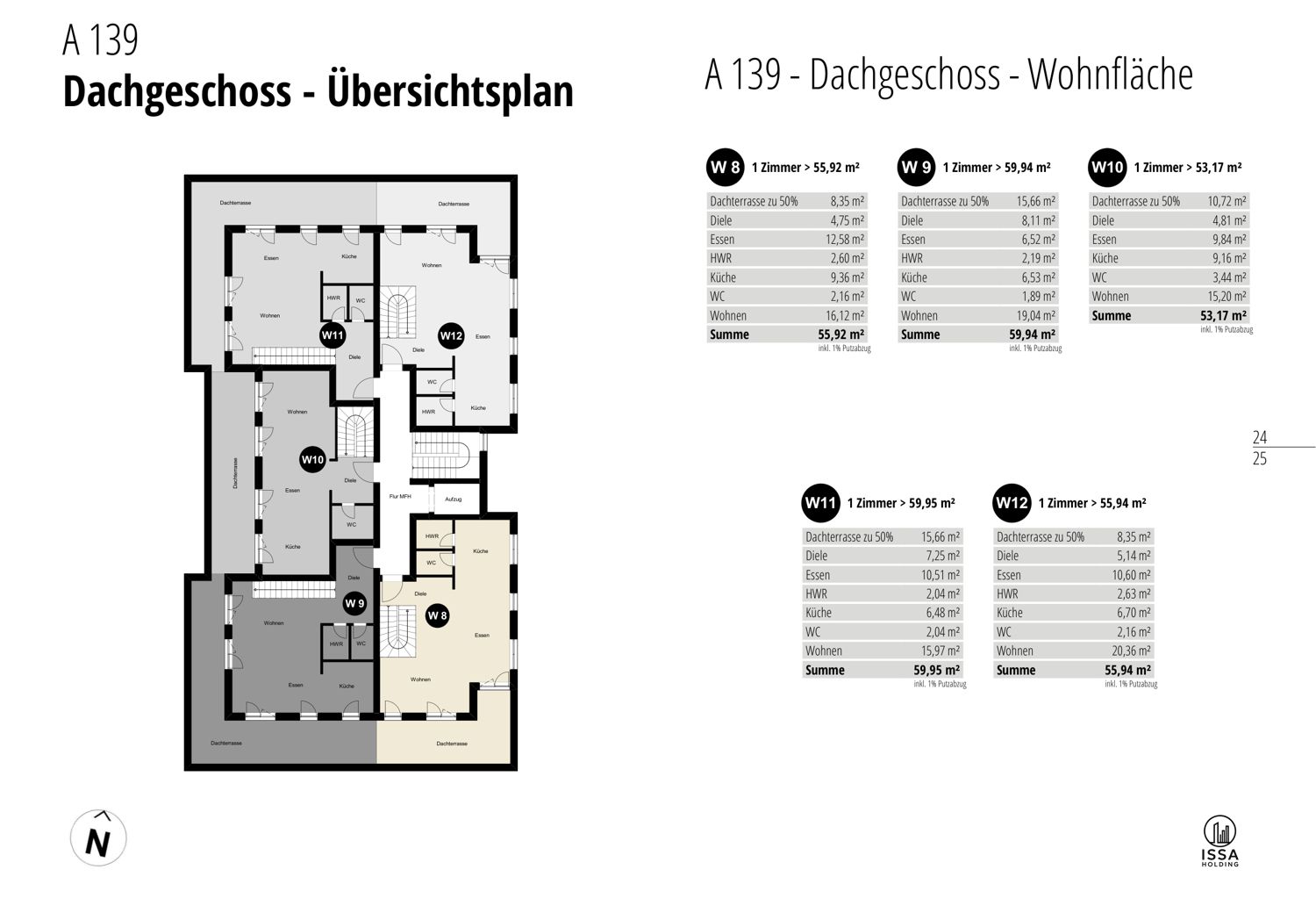 Grundriss Dachgeschoss, obere Maisonette-Ebene der Wohnungen W8 bis W12 mit Dachterrassen