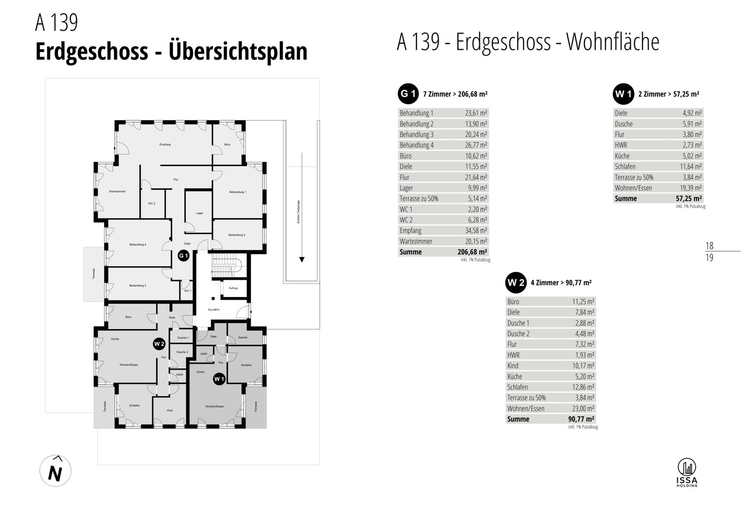 Grundriss Erdgeschoss mit Gewerbeeinheit und Wohnungen W1 und W2