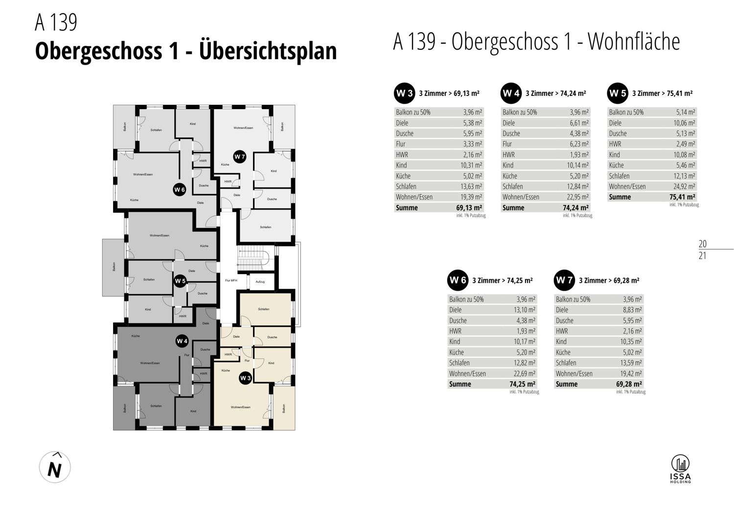 Grundriss Obergeschoss 1, Wohnungen W3 bis W7