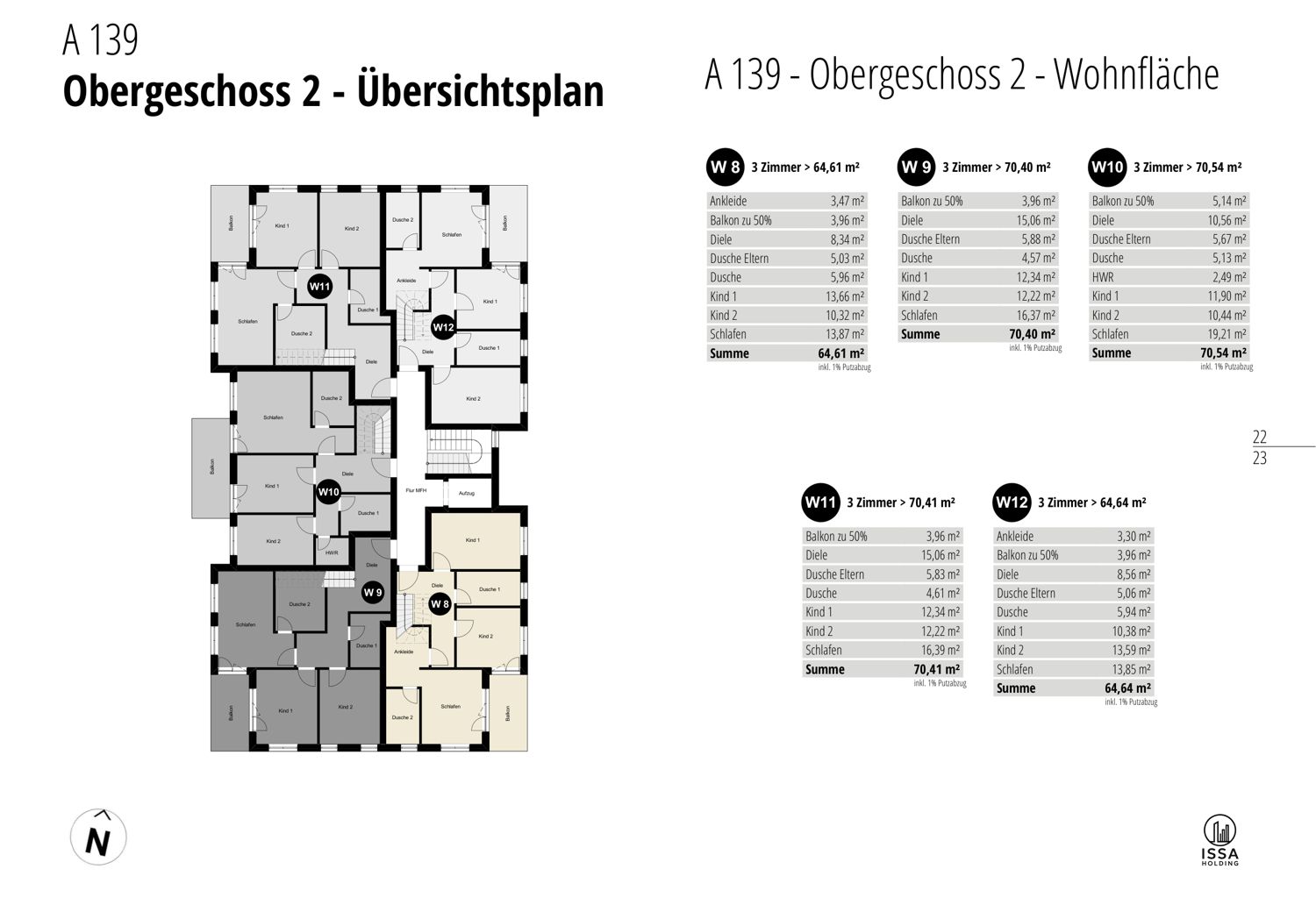 Grundriss Obergeschoss 2, untere Maisonette-Ebene der Wohnungen W8 bis W12