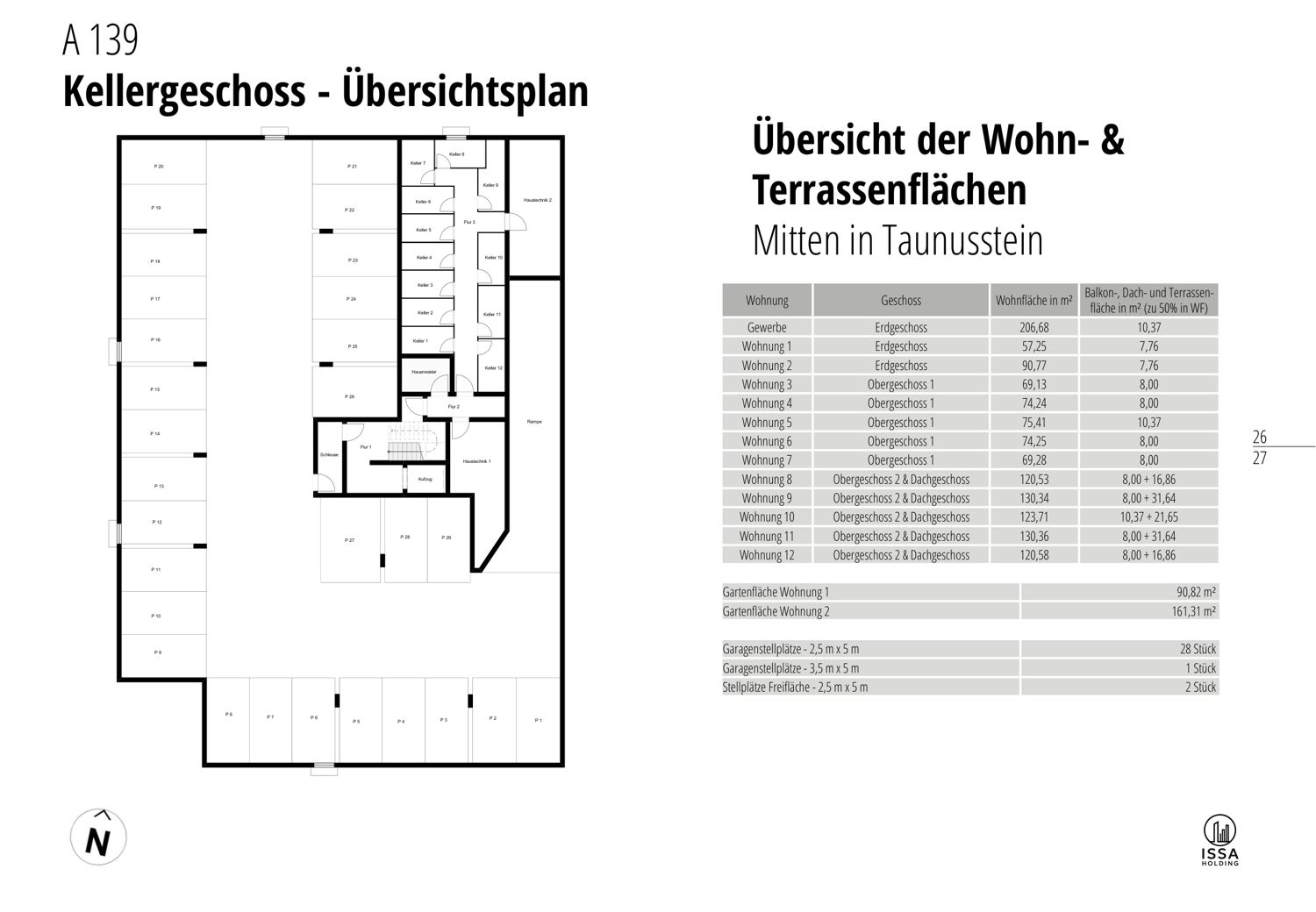 Tiefgaragen- und Kellergeschoss-Plan mit 29 Stellplätzen und 12 Kellerräumen